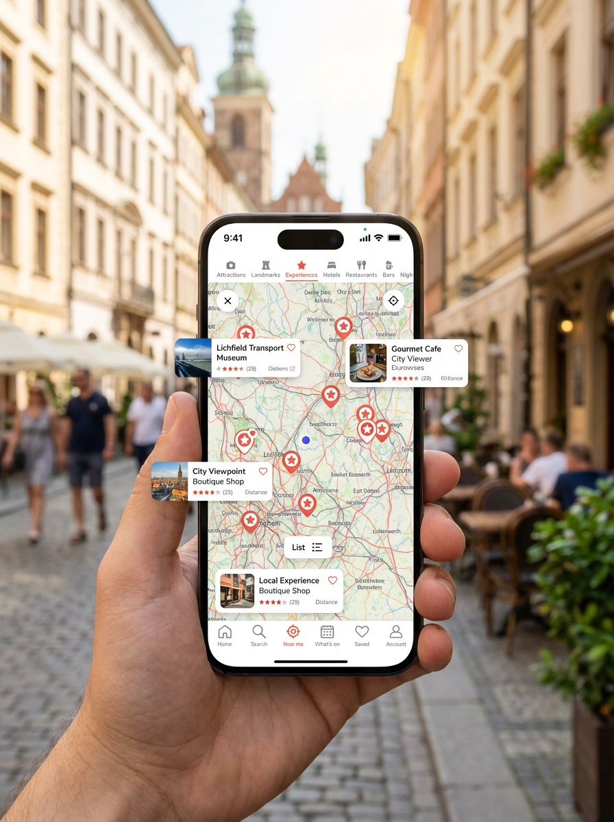Evendo travel discovery experience shown in an illustrated city scene