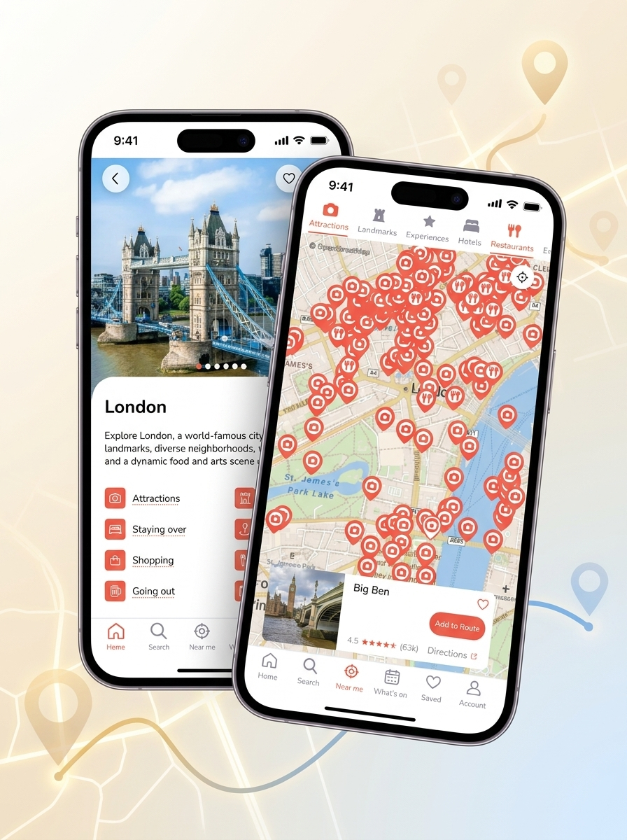 Evendo London travel guide experience shown across mobile app screens